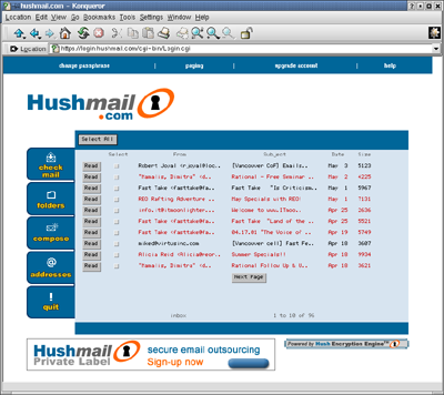 The HushMail Secure Email Applet - Click to enlarge